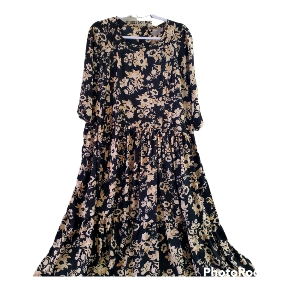 Asos Black Floral Midi Dress Sz.16 Ruffled Tiered, Peasant, Cottagecore, Prairie